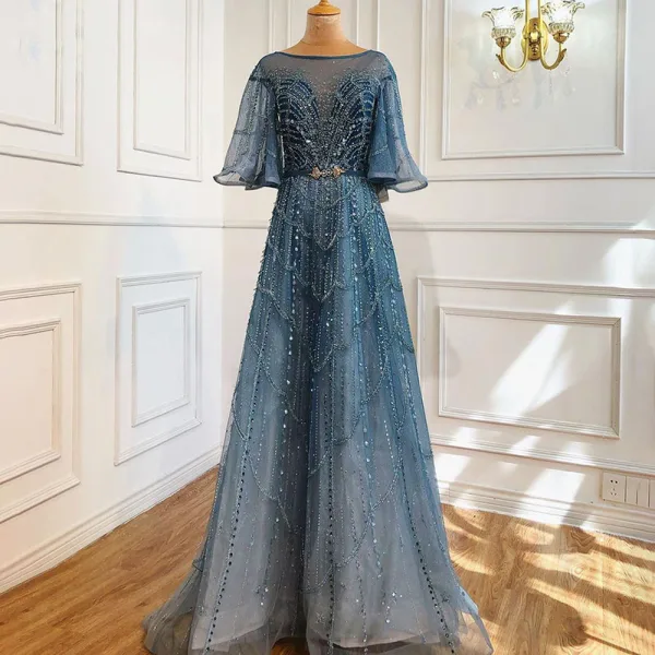 evening dresses 2021 Dark Navy Prom Dress Beaded Evening Gown with Open Back