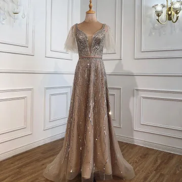 Glitter High End Kralen Pailletten Goud Avondjurken 2021 A Lijn Vierkante Halslijn Gordel Korte Mouwen Ruglooze Lange Gelegenheid Jurken