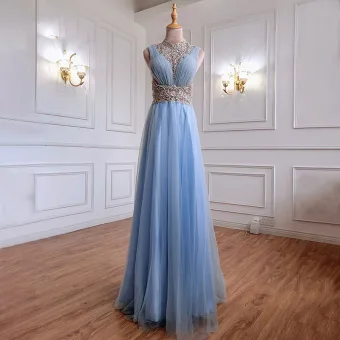 Mode Bleu Ciel Perlage Faux Diamant Paillettes Robe De Soirée 2021 Princesse Col Haut Sans Manches Longue Robe De Ceremonie