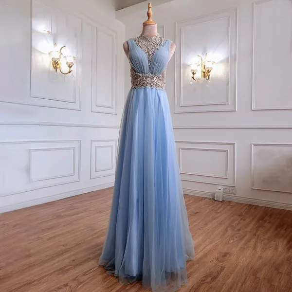 Veaul Fashion Sky Blue Beading Rhinestone Sequins Evening Dresses 2021 A-Line Princess High