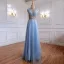 Fashion Sky Blue Beading Rhinestone Sequins Evening Dresses 2021 A-Line / Princess High Neck Sleeveless Floor-Length / Long Formal Dresses