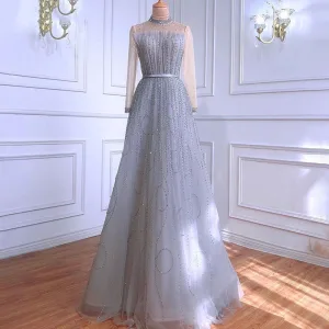 Haut De Gamme Gris Perlage Faux Diamant Paillettes Robe De Soirée 2021 Princesse Col Haut Manches Longues Ceinture Longue Robe De Ceremonie