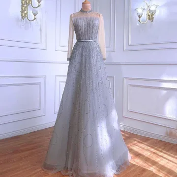 High End Grijs Kralen Rhinestone Pailletten Avondjurken 2021 A Lijn Hoge Kraag Lange Mouwen Gordel Lange Gelegenheid Jurken