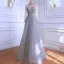 High-end Grey Beading Rhinestone Sequins Evening Dresses  2021 A-Line / Princess High Neck Long Sleeve Sash Floor-Length / Long Formal Dresses