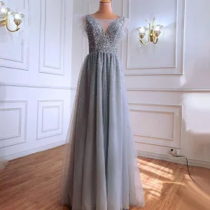 Haut De Gamme Gris Paillettes Robe De Soirée 2021 Princesse Encolure Dégagée Sans Manches Dos Nu Longue Robe De Ceremonie