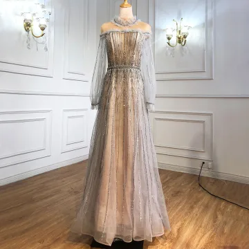 High End Fashion Silver Evening Dresses 2021 A Line Princess Scoop Neck Beading Rhinestone Ruffle Long Sleeve Backless Floor Length Long Formal Dresses