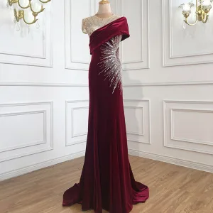 High End Burgunder Suede Selskapskjoler 2021 Trompet Havfrue Scoop Halsen Beading Rhinestone Paljetter Aften Korte Ermer Feie Tog Formelle Kjoler