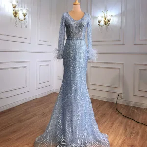 Haut De Gamme Charmant Bleu Ciel Robe De Soirée 2021 Trompette Sirène V Cou Perlage Faux Diamant Manches Longues Gland Soirée Longue Robe De Ceremonie