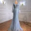 High-end Charming Sky Blue Evening Dresses 2021 Trumpet / Mermaid V-Neck Beading Rhinestone Long Sleeve Tassel Evening Party Floor-Length / Long Formal Dresses