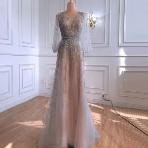 High End Nude Avondjurken 2021 A Lijn V Hals Kralen Rhinestone Pailletten Lange Mouwen Ruglooze Lange Avond Gelegenheid Jurken