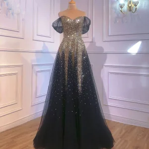 Glittrande Svarta Guld Stjärnbeströdd Himmel Beading Paljetter Aftonklänningar 2021 Prinsessa Av Axeln Halterneck Rosett Korta Ärm Långa Formella Klänningar