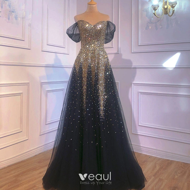 Sparkly Black Gold Starry Sky Beading Sequins Evening Dresses 2021 A-Line / Princess Off-The-Shoulder Backless Bow Short Sleeve Floor-Length / Long Sparkly Black Gold Starry Sky Beading Sequins Evening Dresses 2021 A-Line / Princess Off-The-Shoulder Backless Bow Short Sleeve Floor-Length / Long