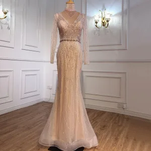Haut De Gamme Doré Perlage Faux Diamant Paillettes Robe De Soirée 2021 Trompette Sirène V Cou Manches Longues Dos Nu Longue Soirée Robe De Ceremonie