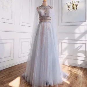 Luxury Gorgeous High End Grey Beading Sequins Rhinestone Evening Dresses 2021 A Line Princess Scoop Neck Short Sleeve Evening Party Sweep Train Formal Dresses