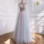 Luxury / Gorgeous High-end Grey Beading Sequins Rhinestone Evening Dresses 2021 A-Line / Princess Scoop Neck Short Sleeve Evening Party Sweep Train Formal Dresses