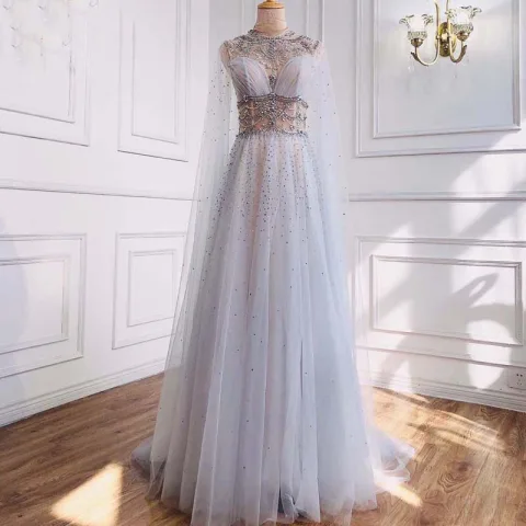 Luxe High-end Grijs Kralen Pailletten Rhinestone Avondjurken 2021 A lijn Ronde Hals Korte Mouwen Avond Sweep Trein Gelegenheid Jurken
