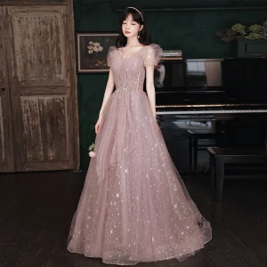Charmant Dunkel Rosa Ballkleider 2021 A Linie V Ausschnitt Glanz Star Perlenstickerei Pailletten Geschwollenes Kurze Ärmel Rückenfreies Lange Festliche Kleider