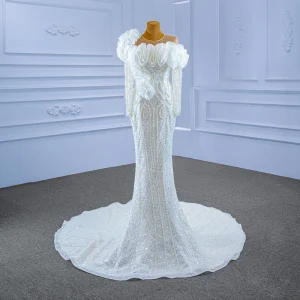 Luxury Gorgeous White Ruffle Wedding Dresses 2021 Trumpet Mermaid Scoop Neck Beading Pearl Sequins Long Sleeve Backless Floor Length Long Wedding