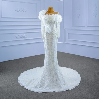 Luxe Blanche Volants Robe De Mariée 2021 Trompette Sirène Encolure Dégagée Perlage Perle Paillettes Manches Longues Dos Nu Longue Mariage
