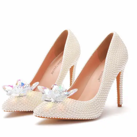 Charming Ivory Pearl Crystal Wedding Shoes 2021 11 cm Stiletto Heels Pointed Toe Wedding Pumps High Heels