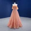 High-end Pearl Pink Beading Rhinestone Sequins Prom Dresses 2021 A-Line / Princess Off-The-Shoulder Short Sleeve Backless Prom Floor-Length / Long Formal Dresses