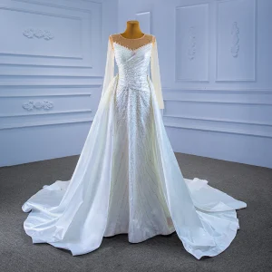 High End White Beading Pearl Wedding Dresses 2021 Trumpet Mermaid Scoop Neck Long Sleeve Backless Royal Train Wedding