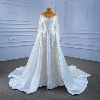 High End White Beading Pearl Wedding Dresses 2021 Trumpet Mermaid Scoop Neck Long Sleeve Backless Royal Train Wedding