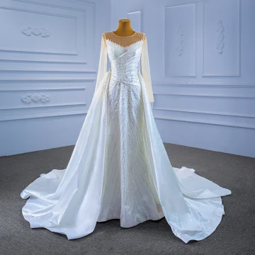 Haut De Gamme Blanche Perlage Perle Robe De Mariée 2021 Trompette Sirène Encolure Dégagée Manches Longues Dos Nu Royal Train Mariage