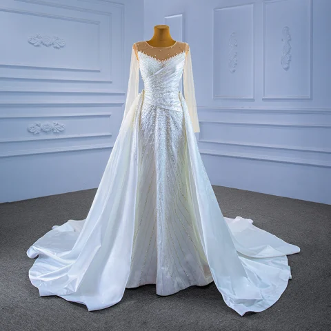 High-end White Beading Pearl Wedding Dresses 2021 Trumpet / Mermaid Scoop Neck Long Sleeve Backless Royal Train Wedding