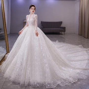 Luxe Scintillantes Blanche Perlage Perle Faux Diamant Paillettes Robe De Mariée 2021 Robe Boule V Cou Manches Longues Dos Nu Royal Train Mariage