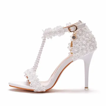 Charmant Blanche Perle T Strap En Dentelle Fleur Chaussure De Mariée 2021 9 Cm Talons Aiguilles Peep Toes Bout Ouvert Mariage Sandales Talons Hauts