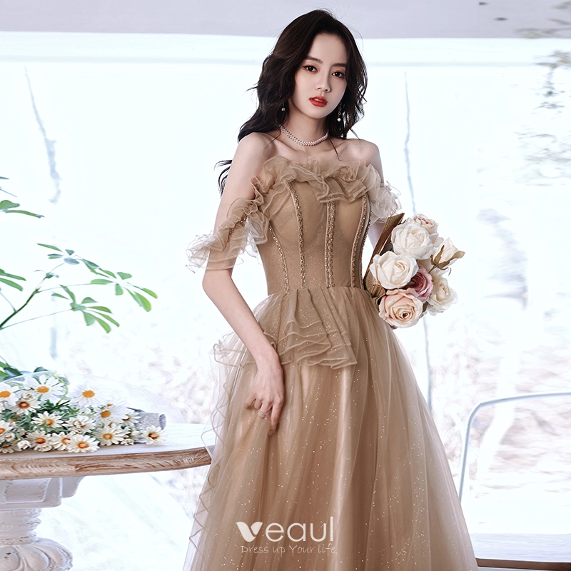 Charming Khaki Beading Glitter Prom Dresses 2021 A Line Princess Ruffle Off The Shoulder Short Sleeve Backless Floor Length Long Formal Dresses