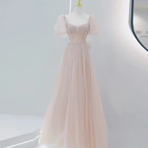 Élégant Rougissant Rose Robe De Bal 2021 Princesse Encolure Carrée Perlage Étoile Paillettes Gonflée Manches Courtes Dos Nu Noeud Longue Robe De Ceremonie