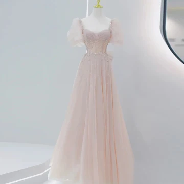 Elegant Blushing Pink Prom Dresses 2021 A Line Princess Square Neckline Beading Star Sequins Puffy Short Sleeve Backless Bow Floor Length Long Formal Dresses
