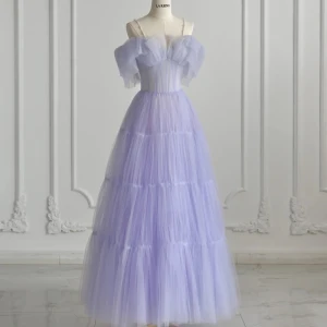 Élégant Lavande Percé Robe De Bal 2021 Princesse Bretelles Spaghetti Manches Courtes Longue Robe De Ceremonie