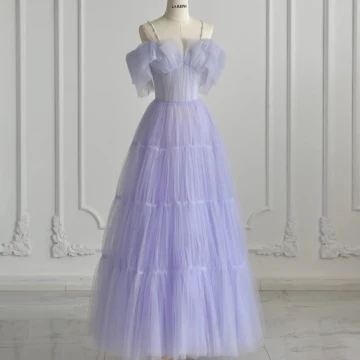 Elegant Lavender Pierced Prom Dresses 2021 A Line Princess Spaghetti Straps Short Sleeve Floor Length Long Formal Dresses