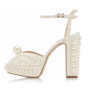 Étourdissant Sexy Ivoire Perle Chaussure De Mariée 2021 Bride Cheville Cuir 12 Cm Talons Épais Peep Toes Bout Ouvert Mariage Talons Hauts