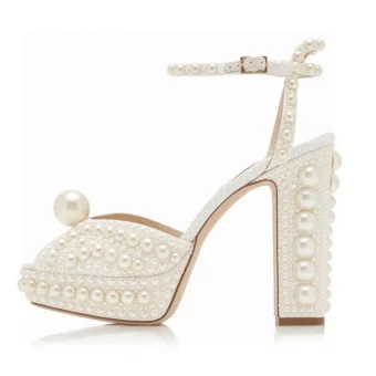 Stunning Sexy Ivory Pearl Wedding Shoes 2021 Ankle Strap Leather 12 Cm Thick Heels Open Peep Toe Wedding High Heels