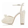 Stunning Sexy Ivory Pearl Wedding Shoes 2021 Ankle Strap Leather 12 cm Thick Heels Open / Peep Toe Wedding High Heels
