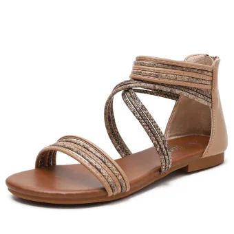 Bohemia Aprikos Strand Flate Sandaler Dame 2021 Ankelstropp Peep Toe Sandaler