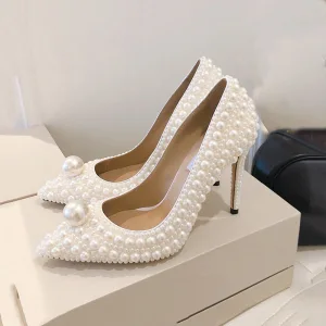 Charmant Ivoire Perle Chaussure De Mariée 2021 Cuir 10 Cm Talons Aiguilles À Bout Pointu Mariage Escarpins Talons Hauts