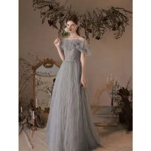 Élégant Gris Robe De Bal 2021 Princesse Volants De L Épaule Manches Courtes Dos Nu Longue Robe De Ceremonie