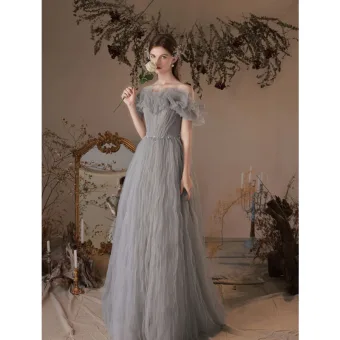 Elegant Grey Prom Dresses 2021 A Line Princess Ruffle Off The Shoulder Short Sleeve Backless Floor Length Long Formal Dresses