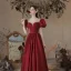 Eleganta Burgundy Satin Balklänningar 2021 Prinsessa Beading Pösigt Urringning Korta ärm Bal Långa Formella Klänningar