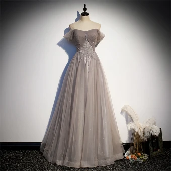 Élégant Gris Glitter Robe De Bal 2021 Princesse De L Épaule Perlage Paillettes En Dentelle Fleur Manches Courtes Dos Nu Longue Robe De Ceremonie