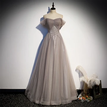 Elegant Grey Glitter Prom Dresses 2021 A Line Princess Off The Shoulder Beading Sequins Lace Flower Short Sleeve Backless Floor Length Long Formal Dresses