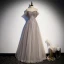Elegant Grey Glitter Prom Dresses 2021 A-Line / Princess Off-The-Shoulder Beading Sequins Lace Flower Short Sleeve Backless Floor-Length / Long Formal Dresses