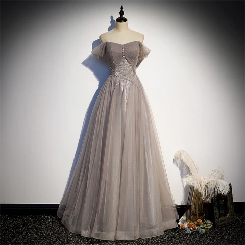 Elegante Grau Glanz Ballkleider 2021 A Linie Off Shoulder Perlenstickerei Pailletten Spitze Blumen Kurze Ärmel Rückenfreies Lange Festliche Kleider