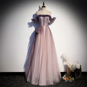 Mode Purple Glittriga Glitter Balklänningar 2021 Prinsessa Ruffle Av Axeln Beading Korta Ärm Halterneck Långa Formella Klänningar