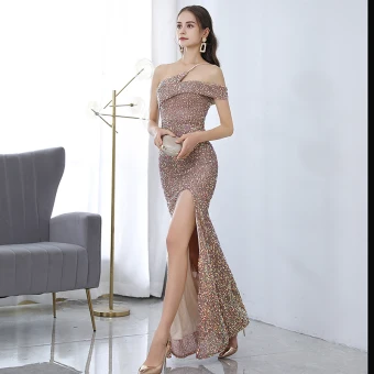 Sexy Champagne Glitter Paillettes Robe De Soirée 2021 Trompette Sirène Une Épaule Sans Manches Dos Nu Longue Robe De Ceremonie